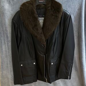 Black Leather Jacket with Brown Fur Collar (slight imperfection on sleeve)